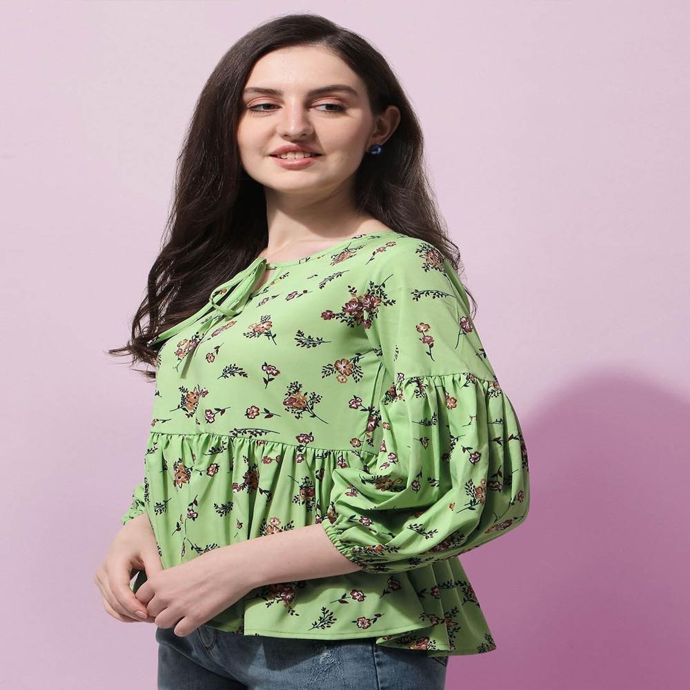 Floral Print Puff Sleeve Crepe Peplum Top , Green