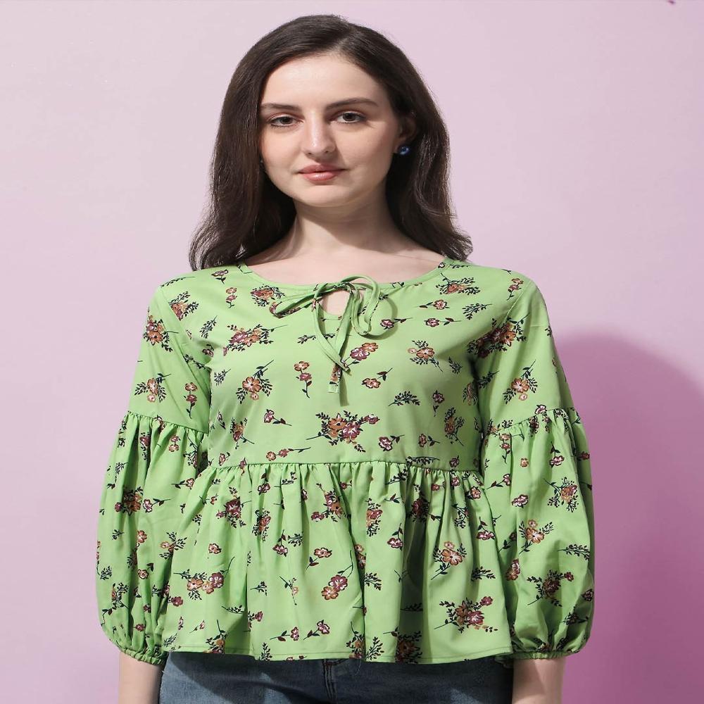 Floral Print Puff Sleeve Crepe Peplum Top , Green