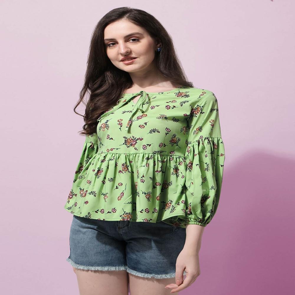 Floral Print Puff Sleeve Crepe Peplum Top , Green