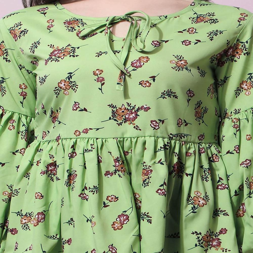 Floral Print Puff Sleeve Crepe Peplum Top , Green