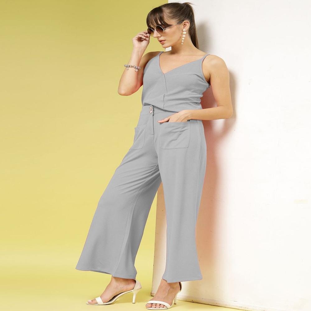 Solid V-Neck Sleeveless Crop Top and trouser