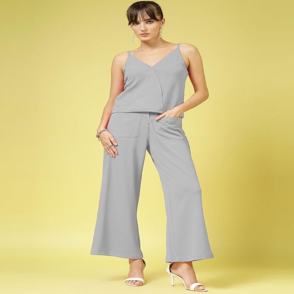 Solid V-Neck Sleeveless Crop Top and trouser