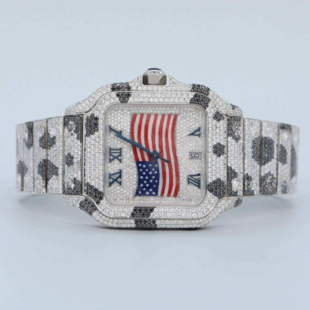 Luxurious Style Black White Moissanite Diamond Crafted Watch US Flag Roman Dial Date Function Iced Out Quartz for Men and Women