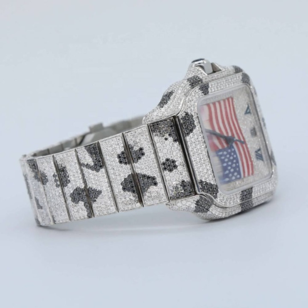 Luxurious Style Black White Moissanite Diamond Crafted Watch Us Flag Roman Dial Date Function Iced Out Quartz For Men And Women - Color: Multi