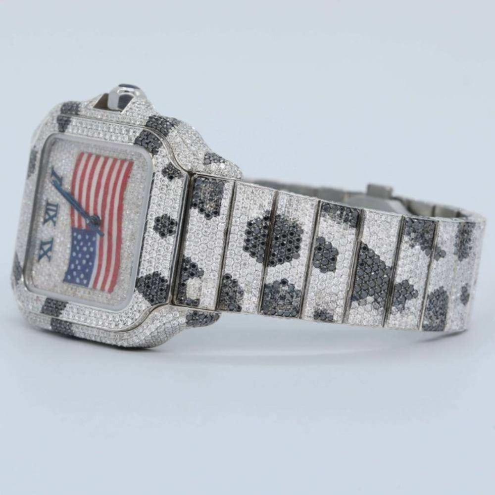 Luxurious Style Black White Moissanite Diamond Crafted Watch Us Flag Roman Dial Date Function Iced Out Quartz For Men And Women - Color: Multi