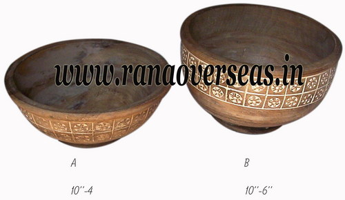 Light Brown Mango Wood Carved Fruit Bowls.