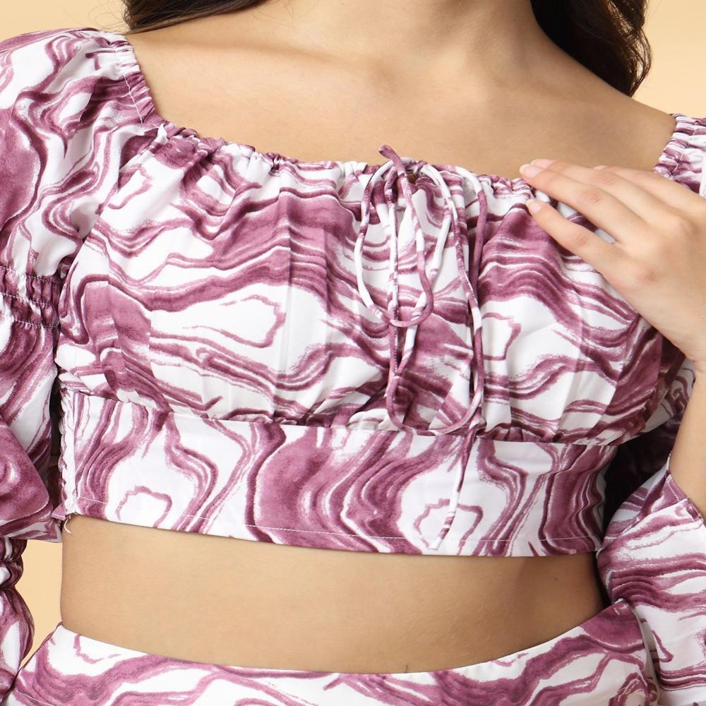 Abstract Print Bell Sleeve Crepe Top - Color: Purple