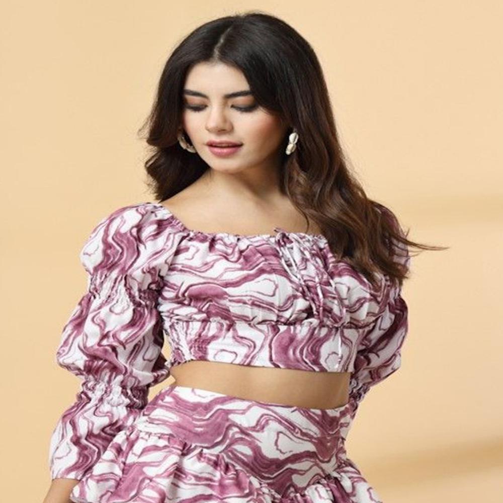 Abstract Print Bell Sleeve Crepe Top - Color: Purple