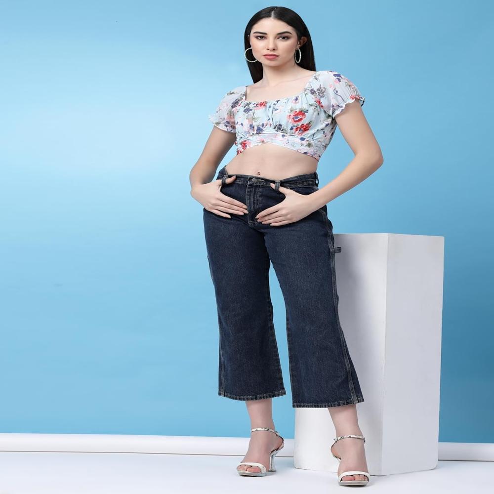 Women'S Floral Top Puff Sleeve - Color: Blue