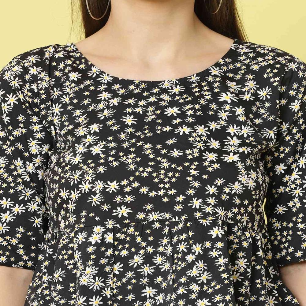 Western Wear Floral Top , Half Sleeve - Color: Black
