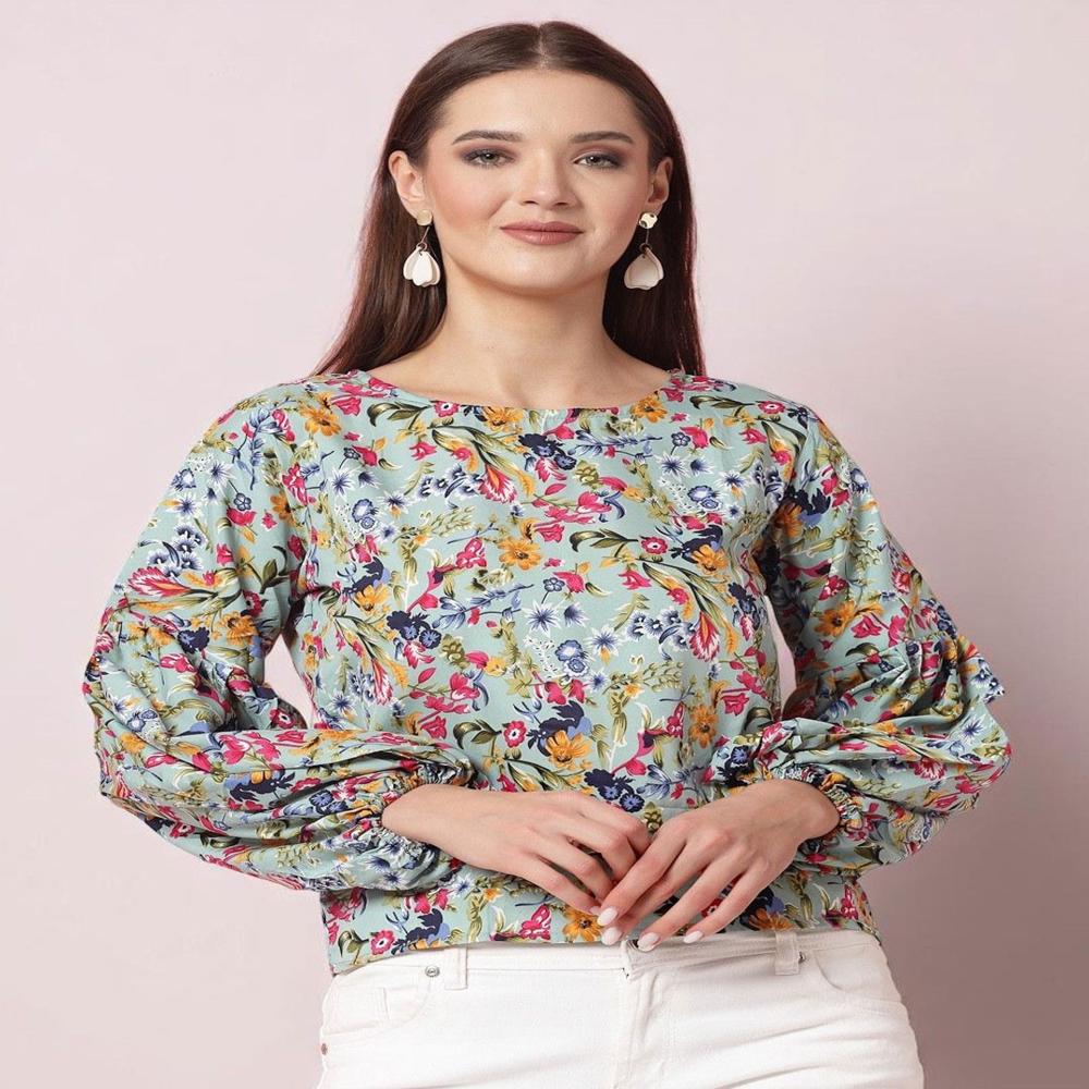 Floral Print Round Neck Cuffed