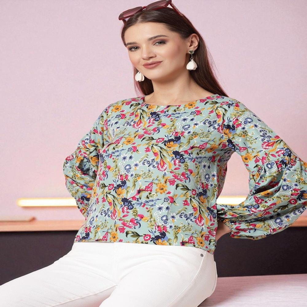 Floral Print Round Neck Cuffed