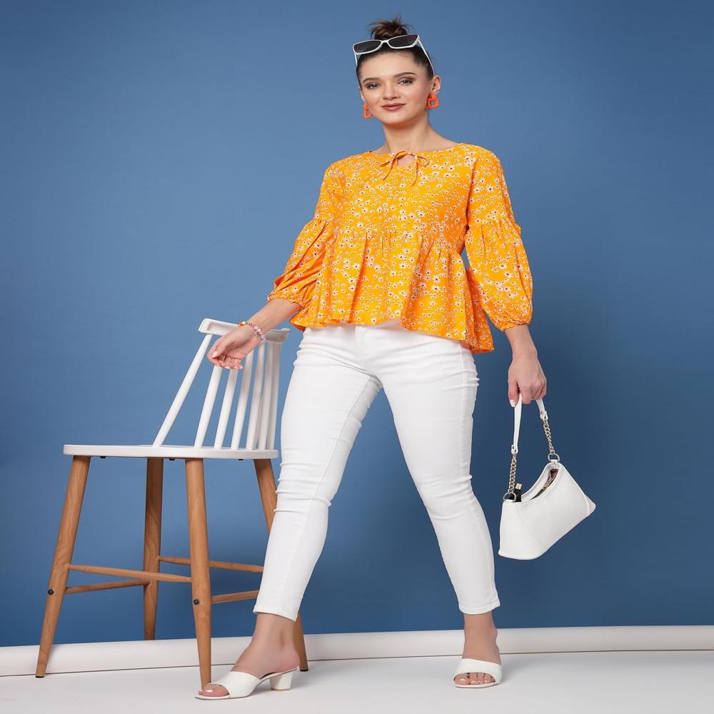 Women's Floral Tunic Shirt - Color: Yellow