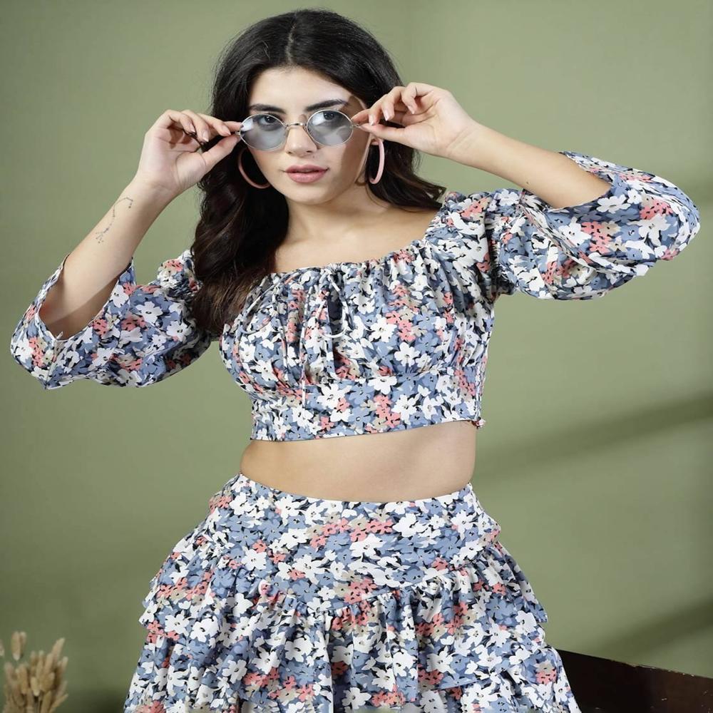 Floral Print Top with Skirt Set