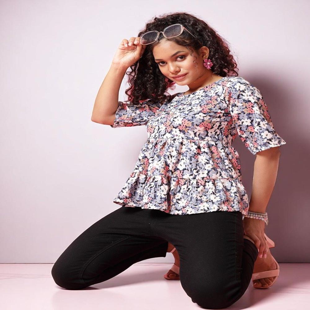 Floral Printed Crepe Peplum Top - Color: White
