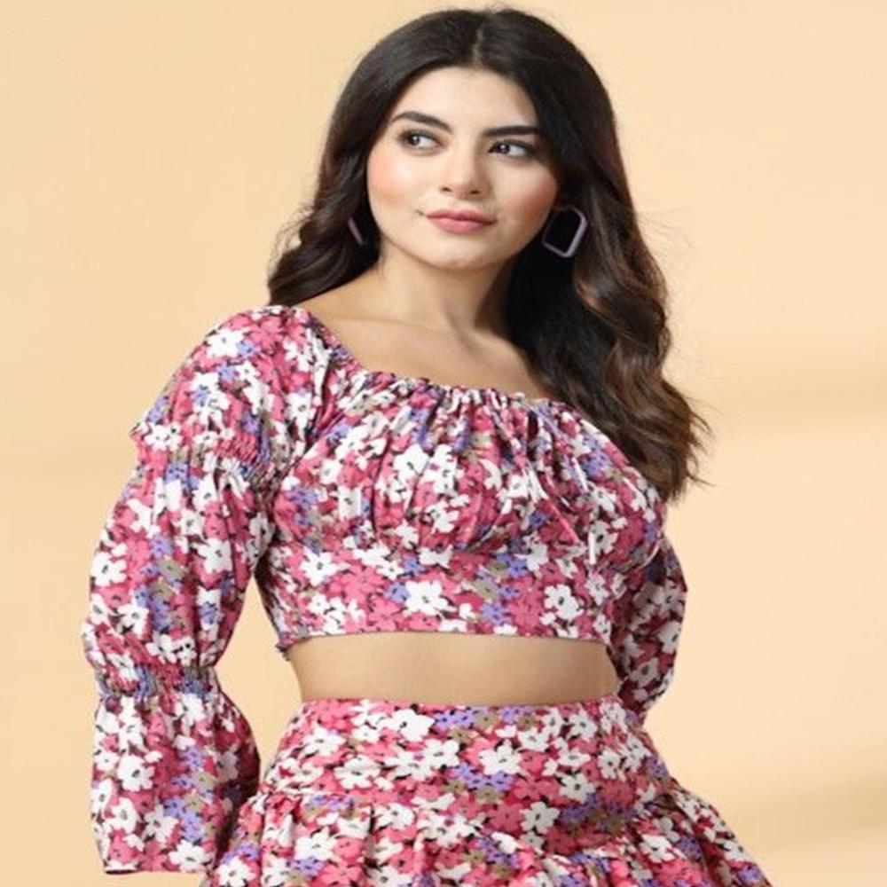 Floral Printed Crepe Fitted Crop Top