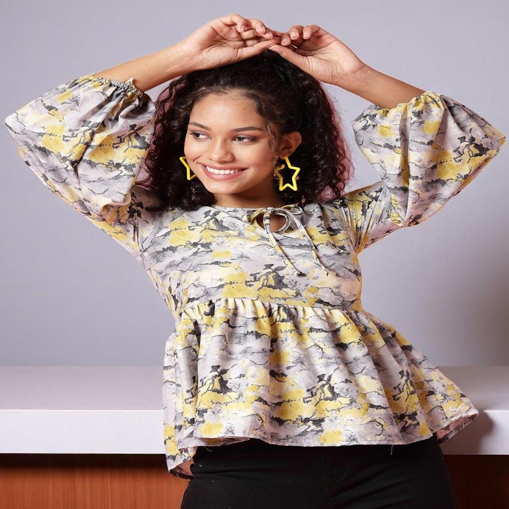 Tie-Up Neck Puff Sleeve Peplum Top , Yellow - Color: Grey