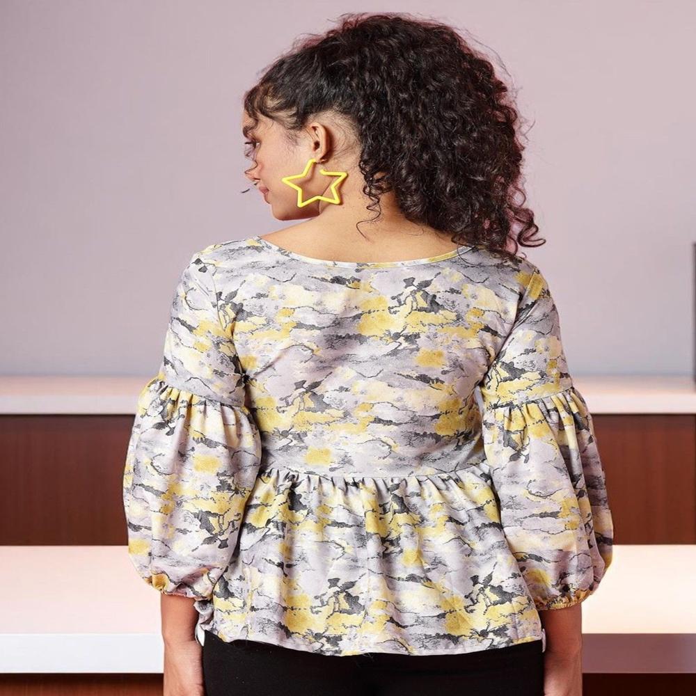 Tie-Up Neck Puff Sleeve Peplum Top , Yellow