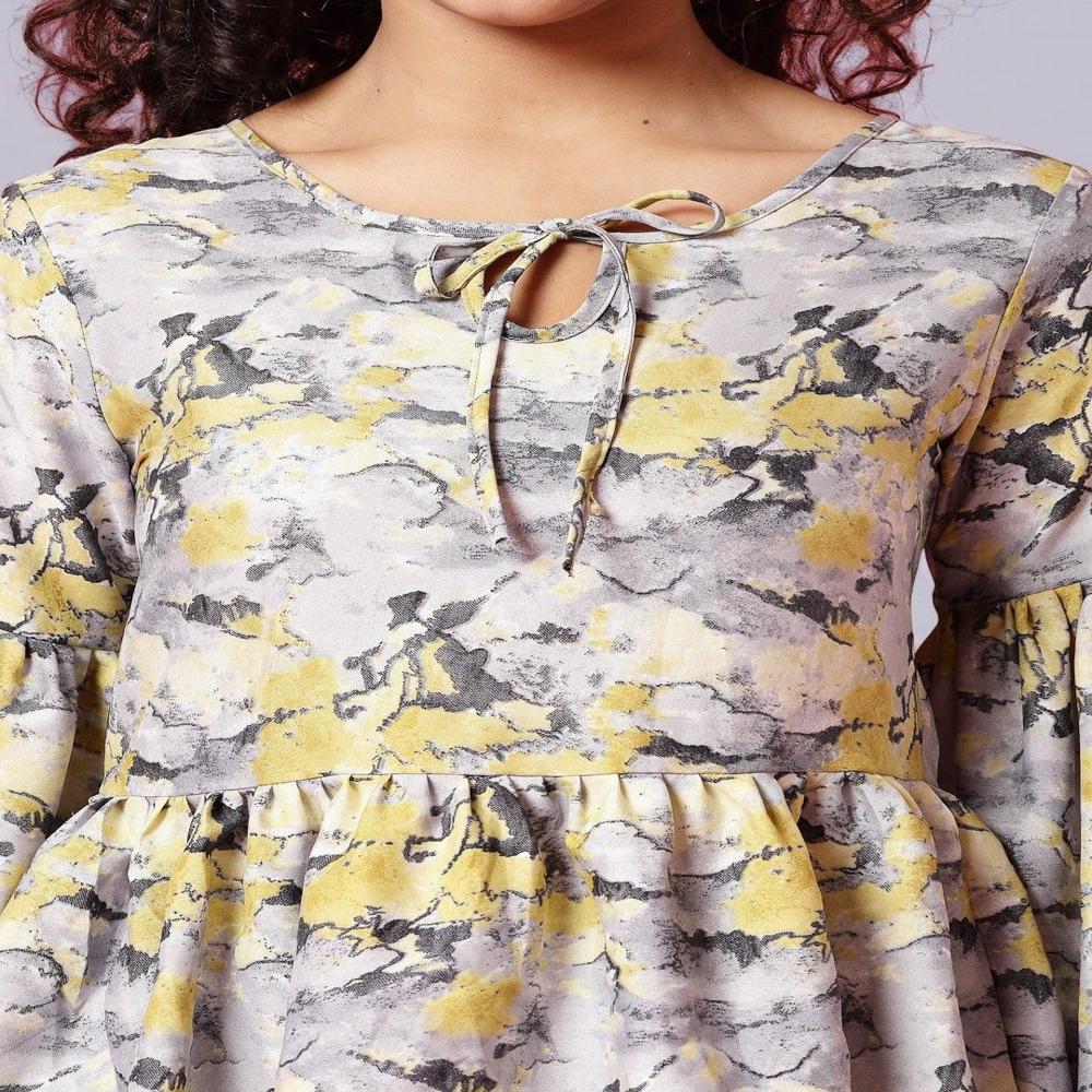 Tie-Up Neck Puff Sleeve Peplum Top , Yellow