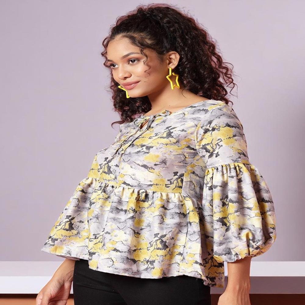 Tie-Up Neck Puff Sleeve Peplum Top , Yellow