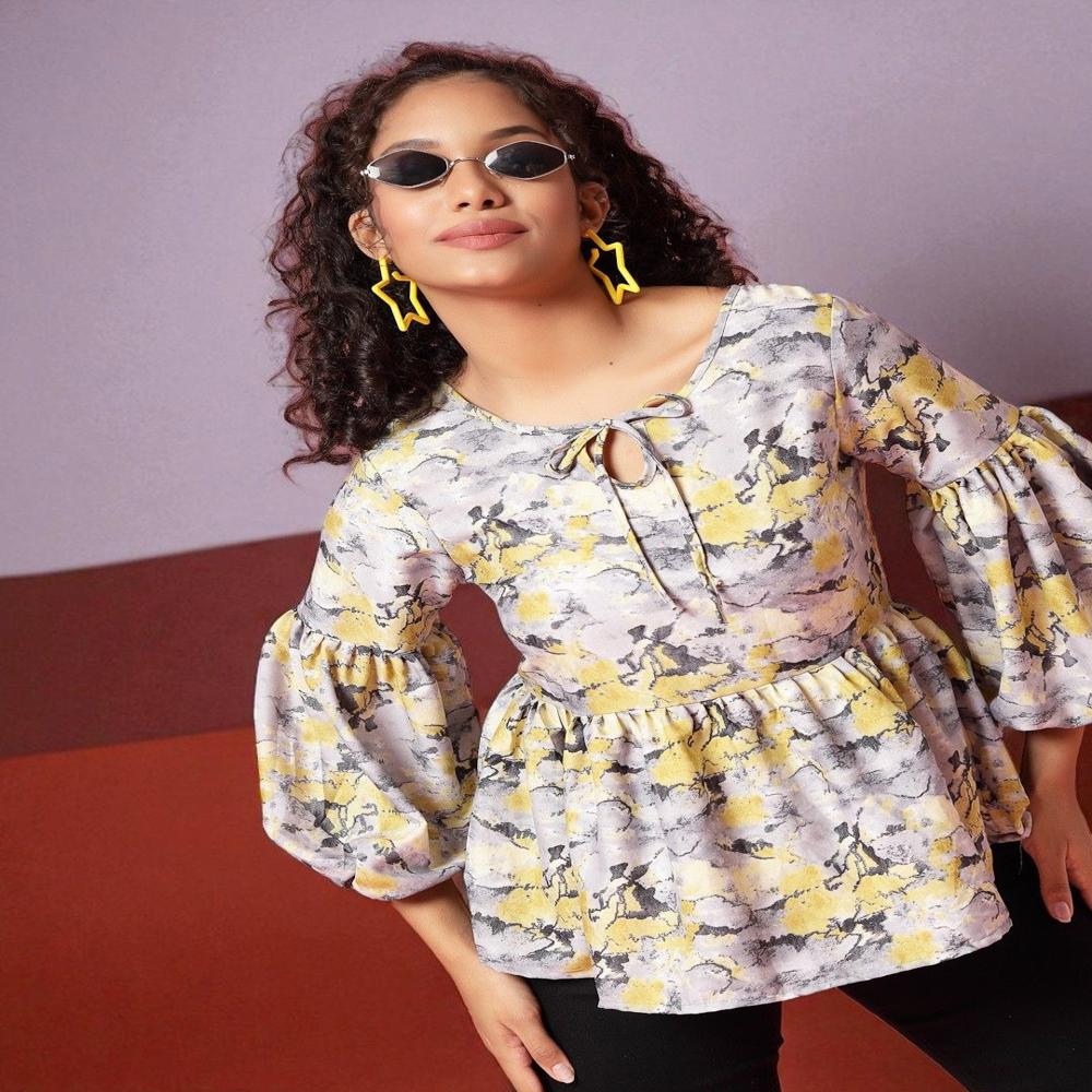 Tie-Up Neck Puff Sleeve Peplum Top , Yellow