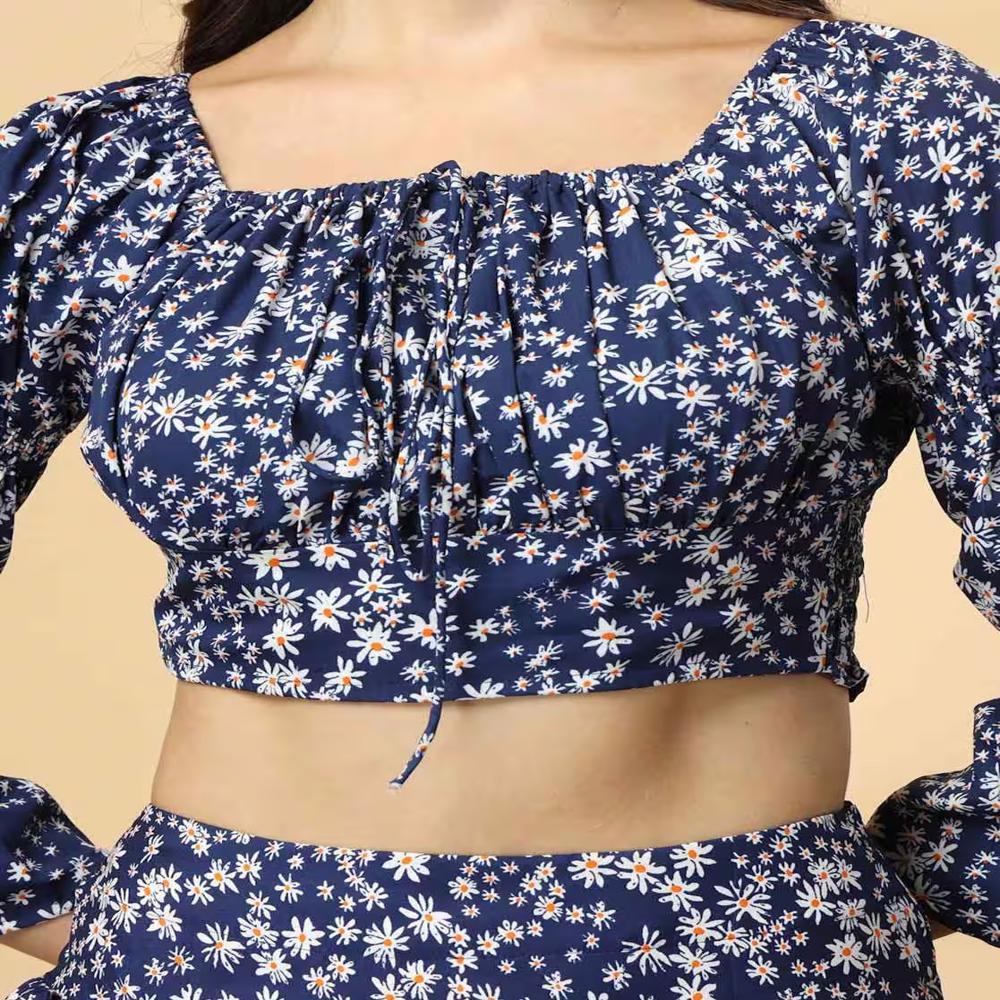 Floral Print Top With Skirt Set - Color: Blue