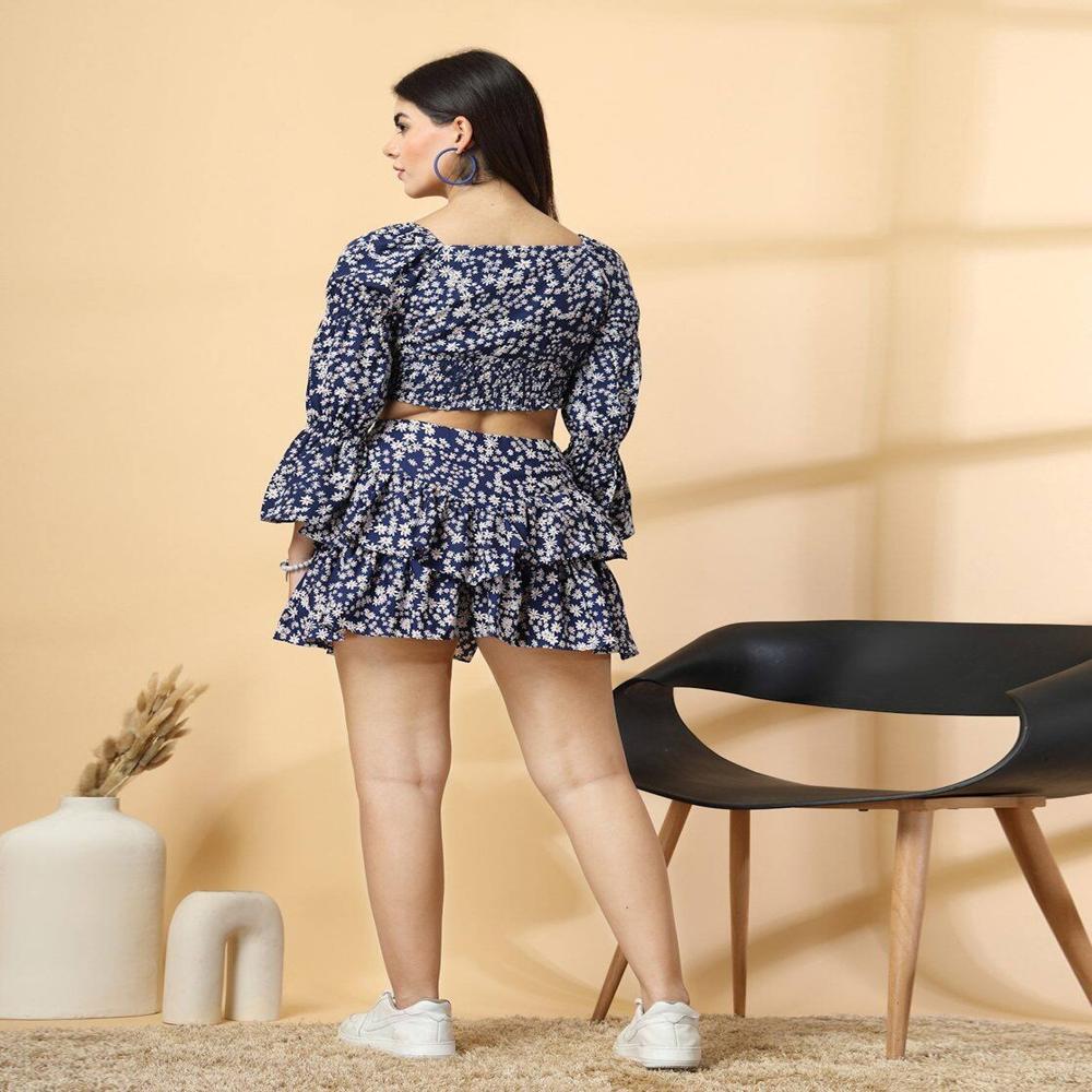 Floral Print Top With Skirt Set - Color: Blue