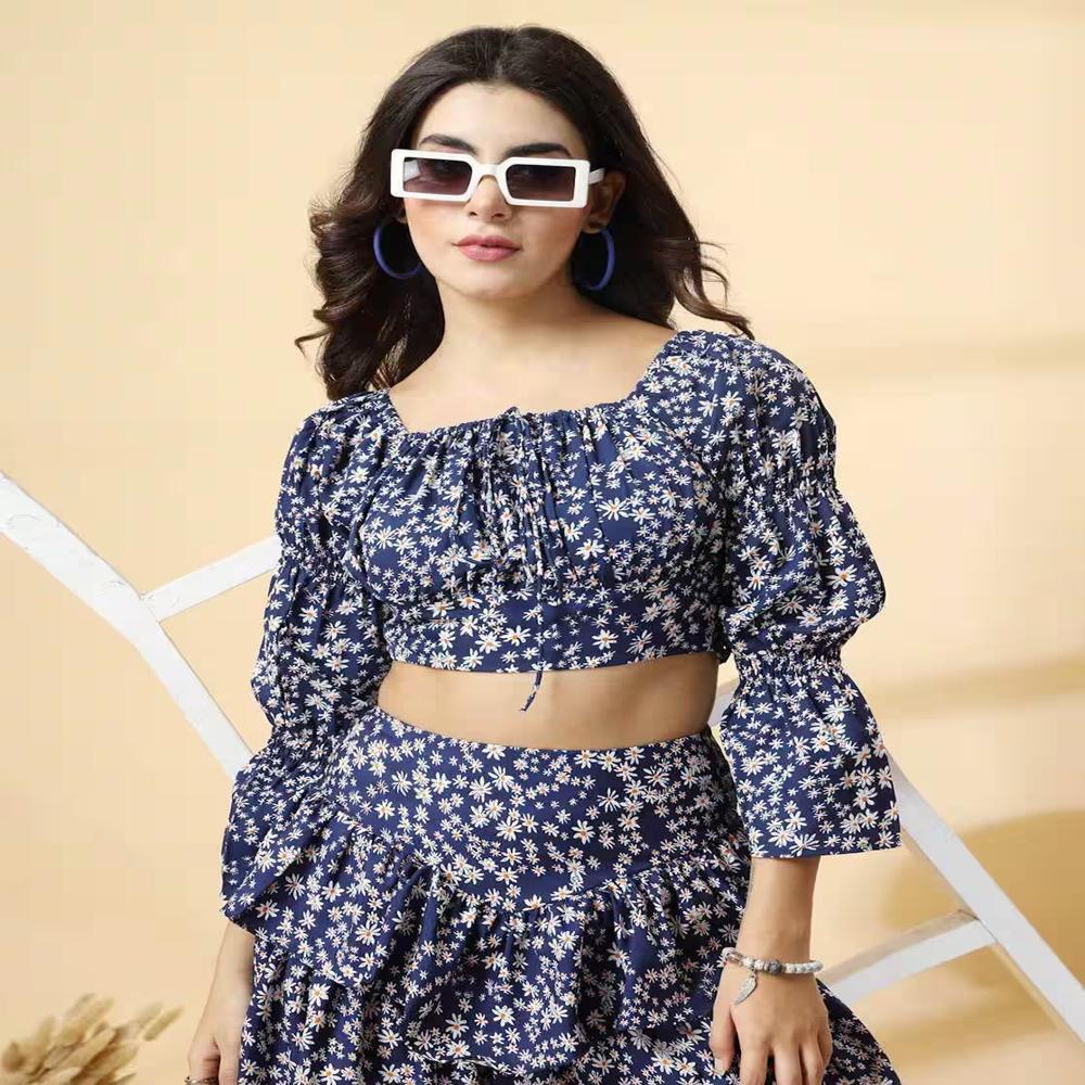 Floral Print Top With Skirt Set - Color: Blue