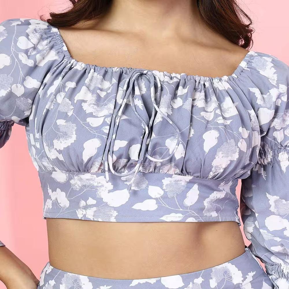 Floral Print Crop Top With Skirt - Color: Blue