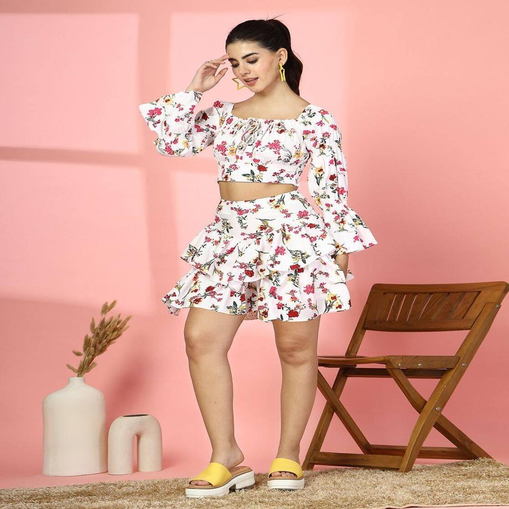 Floral Print Top with Skirt Set