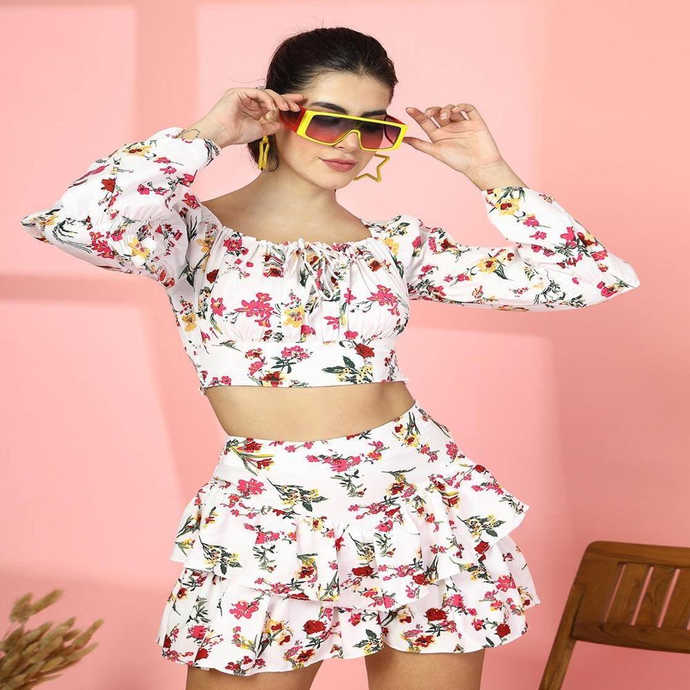 Floral Print Top with Skirt Set