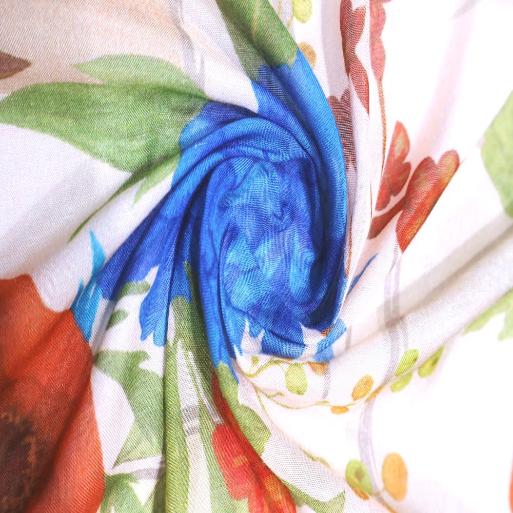 Cream Floral Muslin Fabric for Beachwear