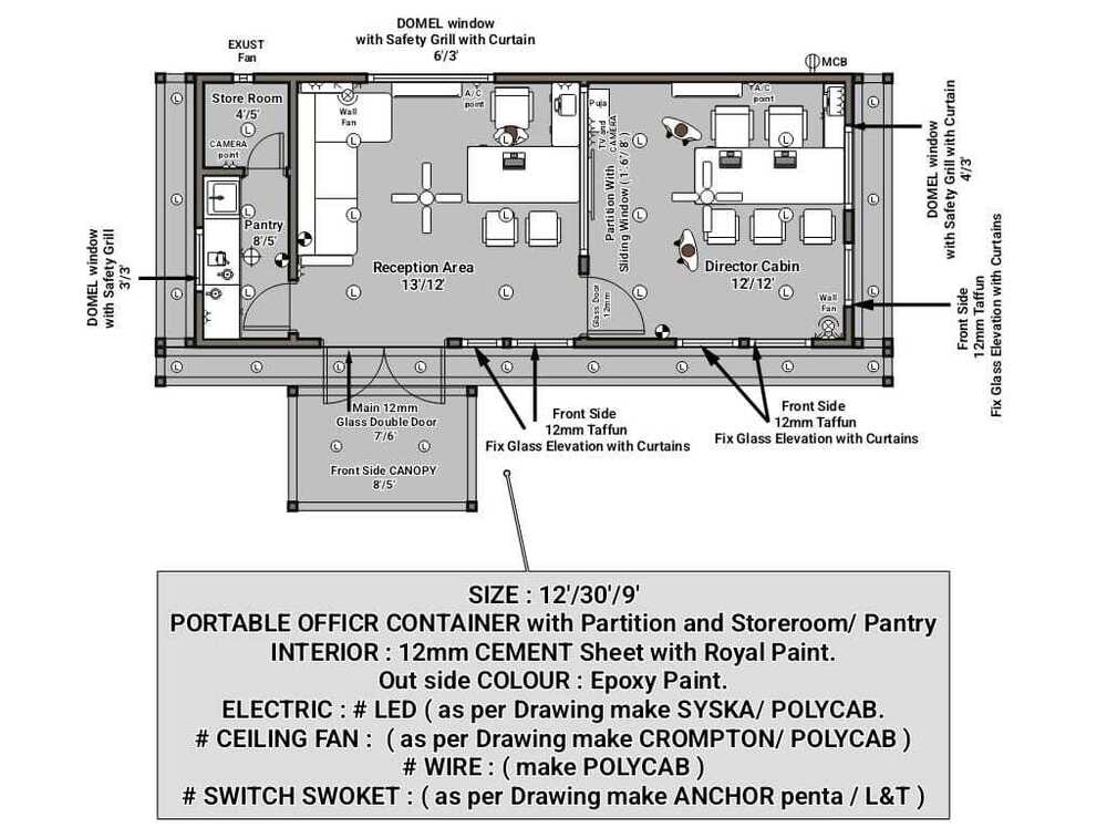 PREMIUM Portable office container with partition and Toilet/Pantry , Size : 30'/12'/9'