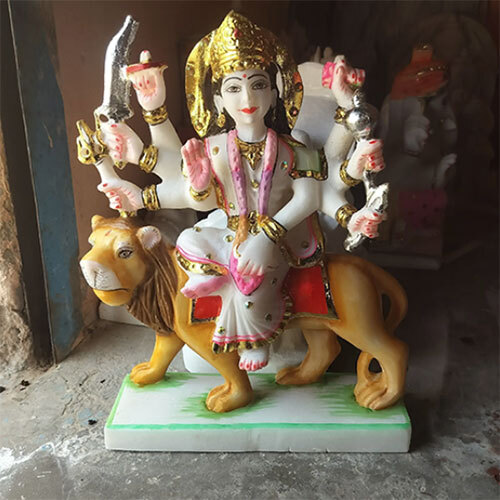 White Makrana Marble Durga Ji 15 Inch - Color: Multicolor