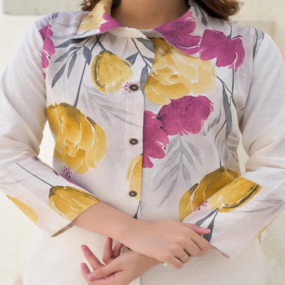 Curved Style Cotton Flex Fabric Off White Color Co-Ord Set