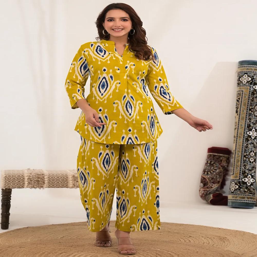 Curved Style Cotton Fabric Mustard Color Co-Ord Set