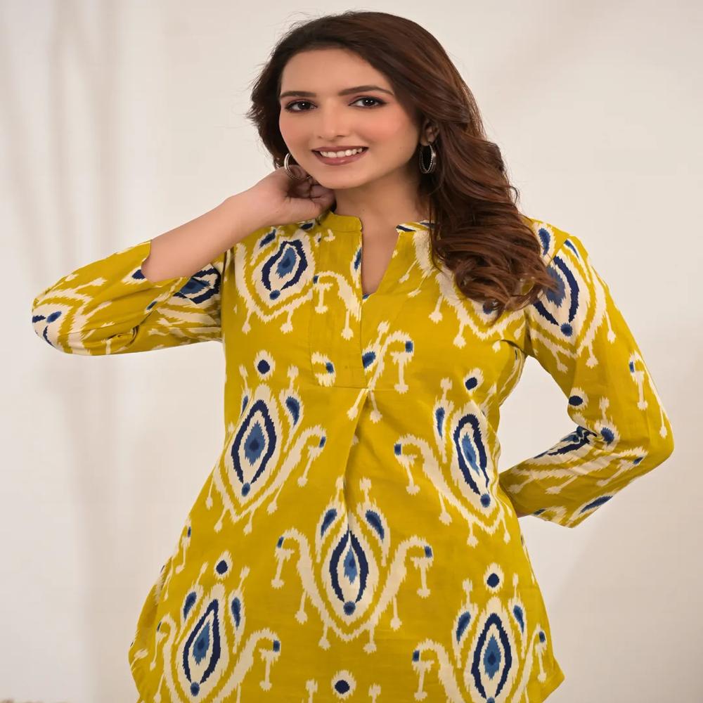 Curved Style Cotton Fabric Mustard Color Co-Ord Set