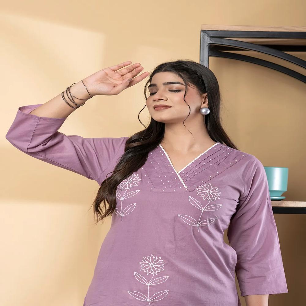 Straight Style Cotton Fabric Purple Color Co-Ord Set