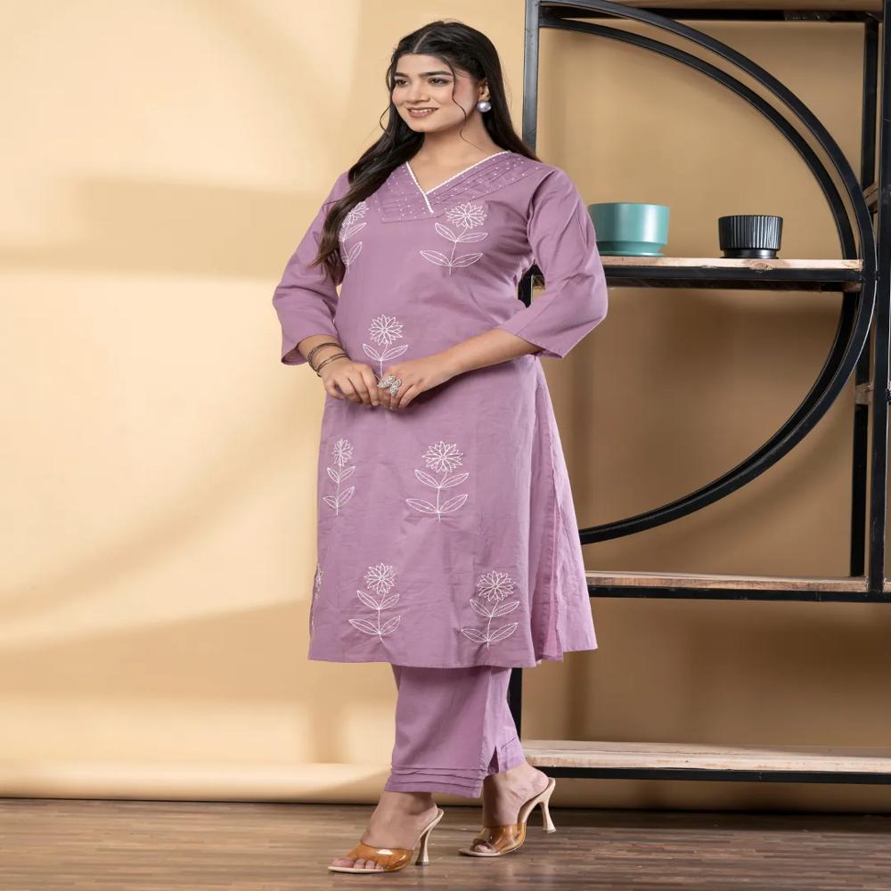 Straight Style Cotton Fabric Purple Color Co-Ord Set