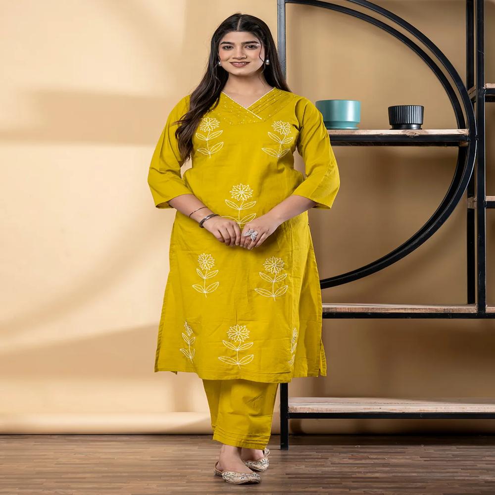 Straight Style Cotton Fabric Yellow Color Co-Ord Set
