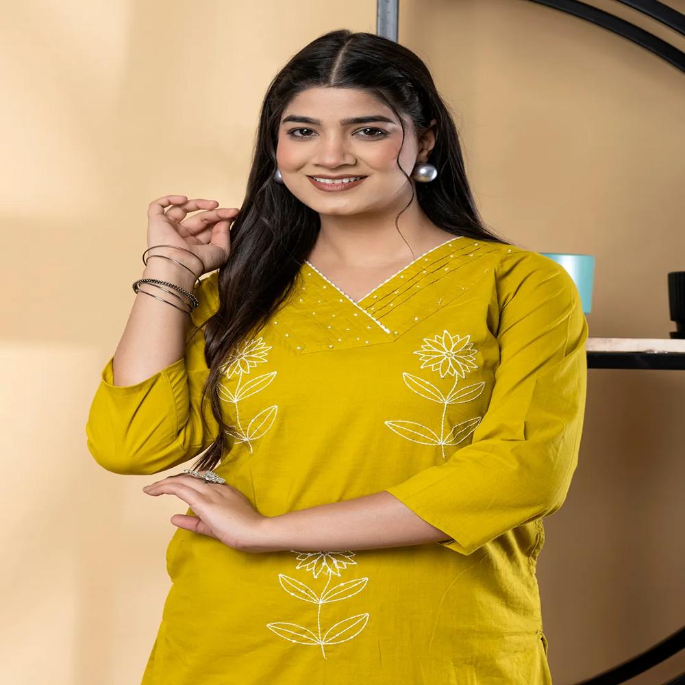 Straight Style Cotton Fabric Yellow Color Co-Ord Set