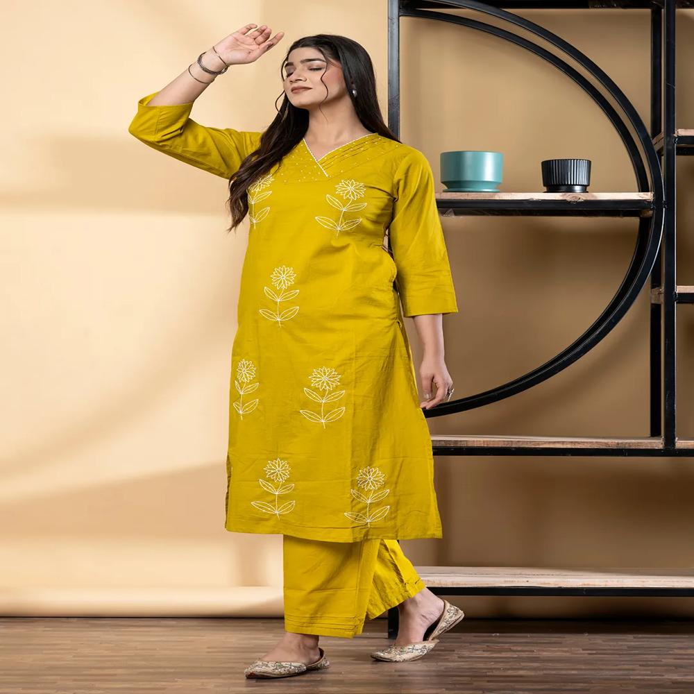 Straight Style Cotton Fabric Yellow Color Co-Ord Set