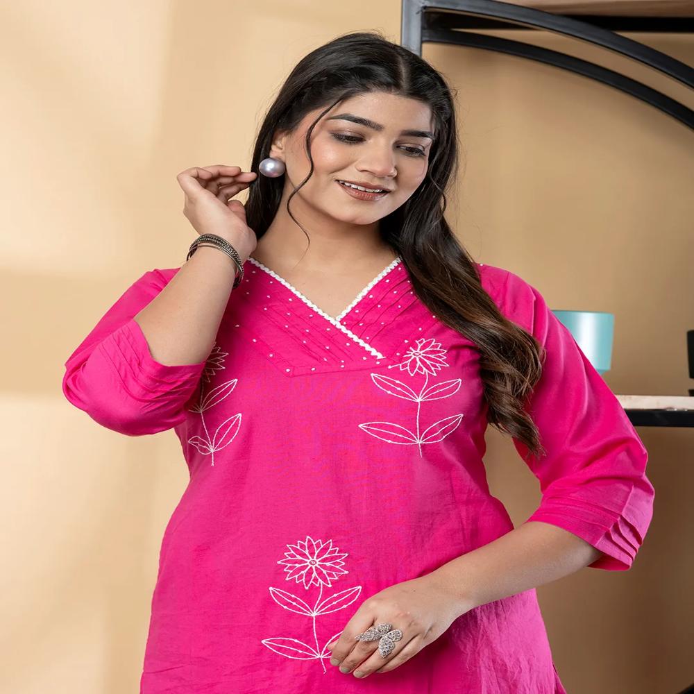 Straight Style Cotton Fabric Pink Color Co-Ord Set