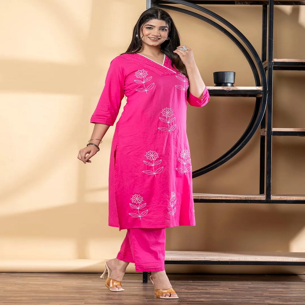 Straight Style Cotton Fabric Pink Color Co-Ord Set