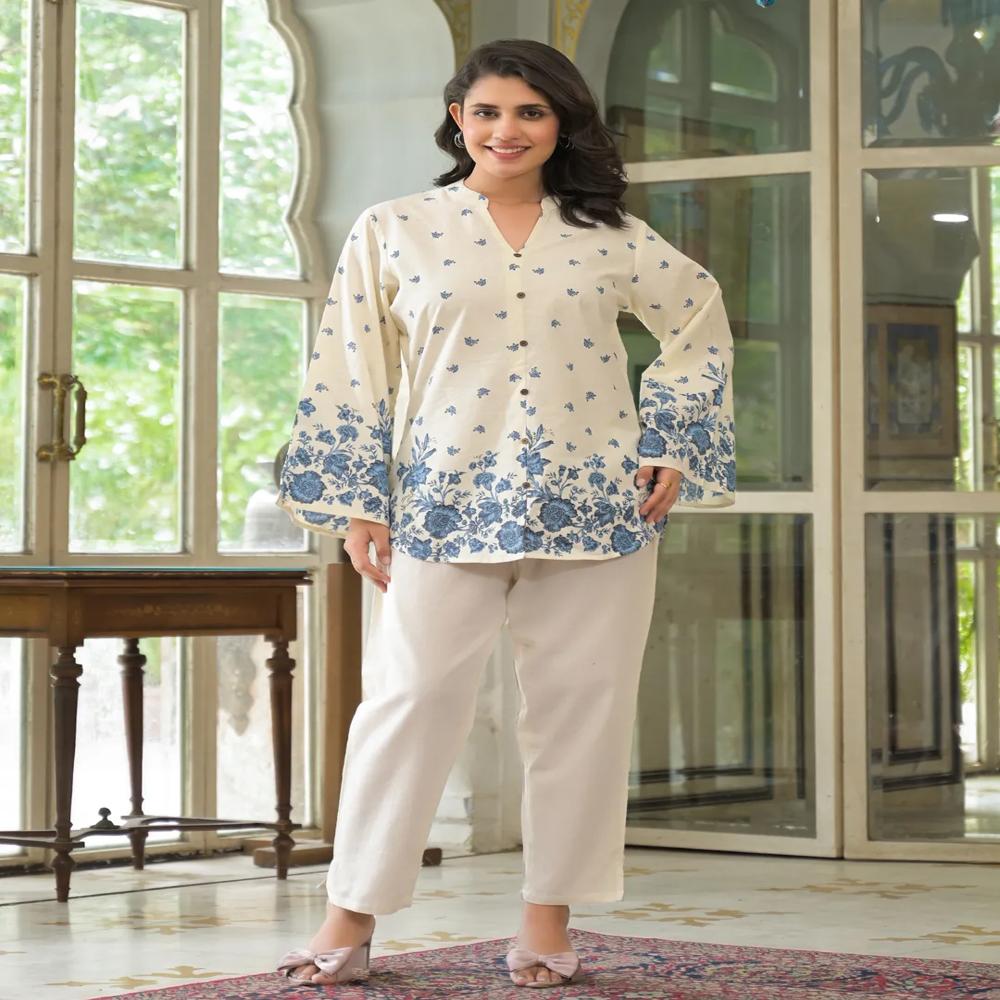 Curved Style Cotton Flex Fabric Off White Color Co-Ord Set