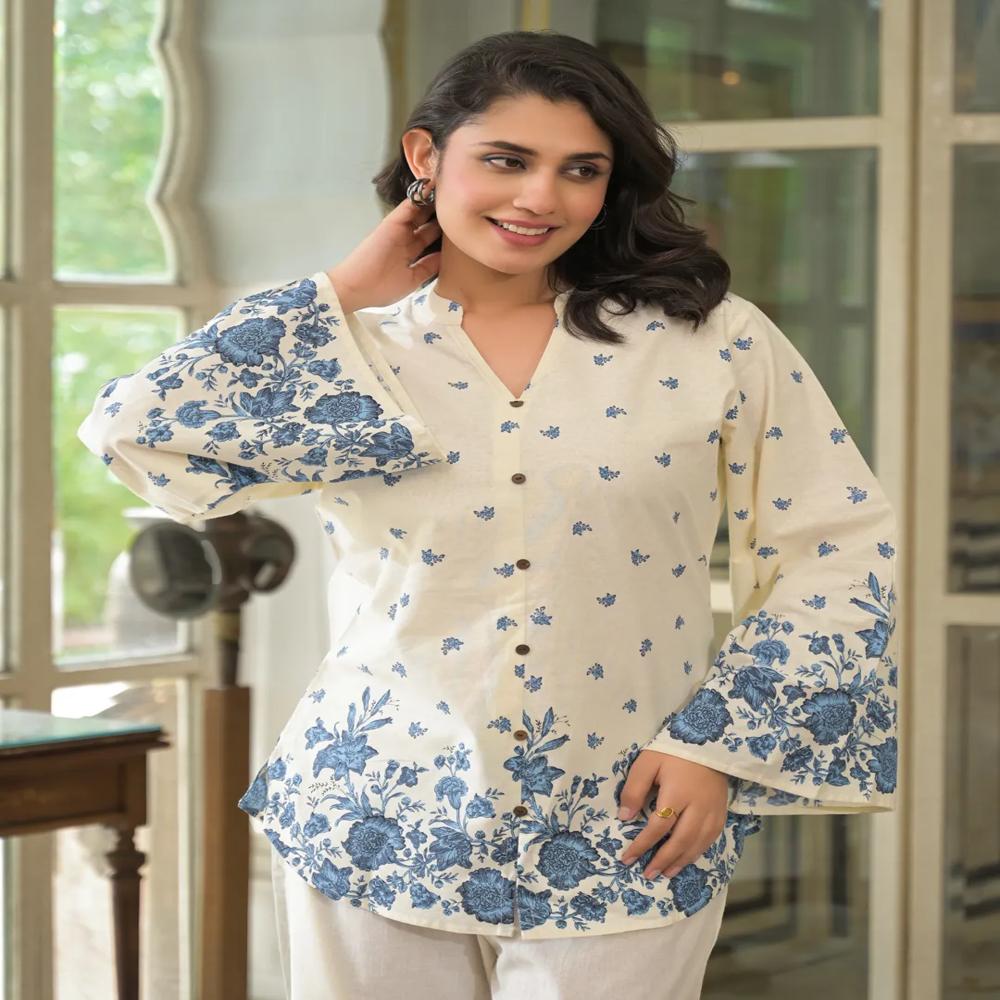 Curved Style Cotton Flex Fabric Off White Color Co-Ord Set