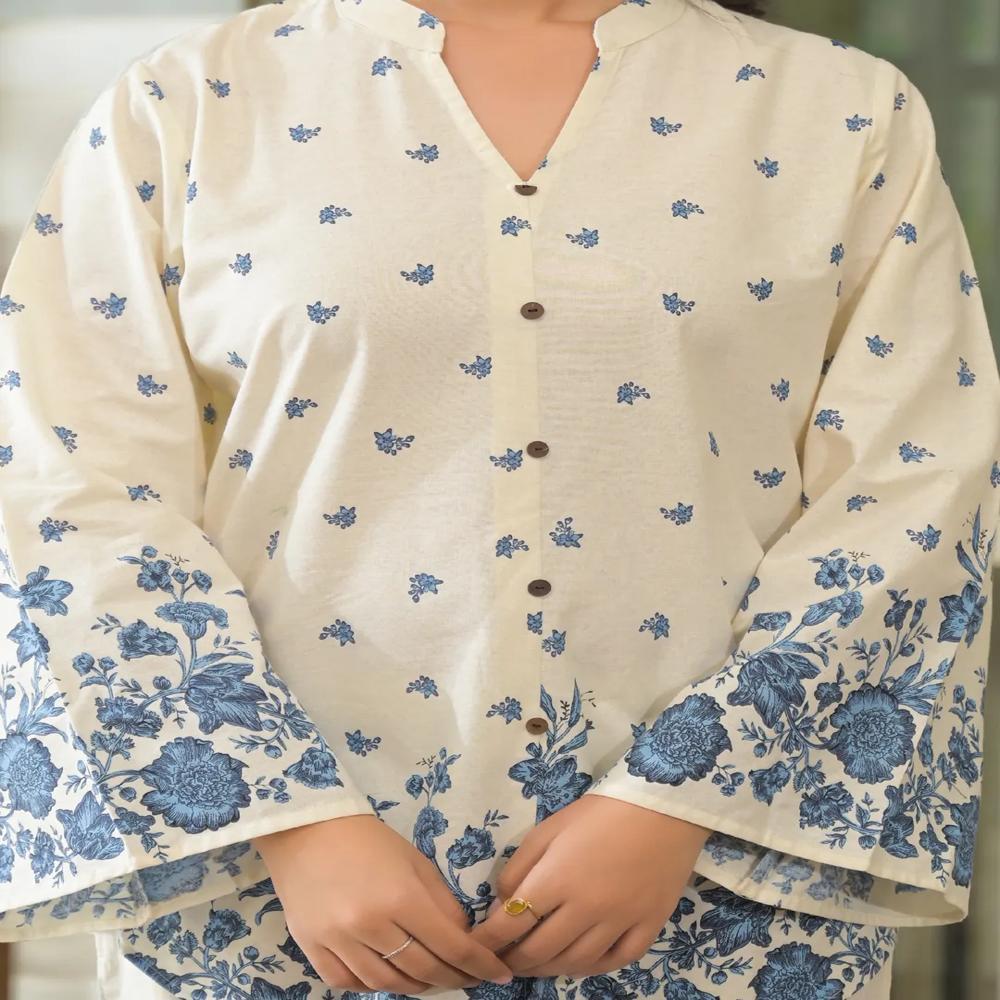 Curved Style Cotton Flex Fabric Off White Color Co-Ord Set