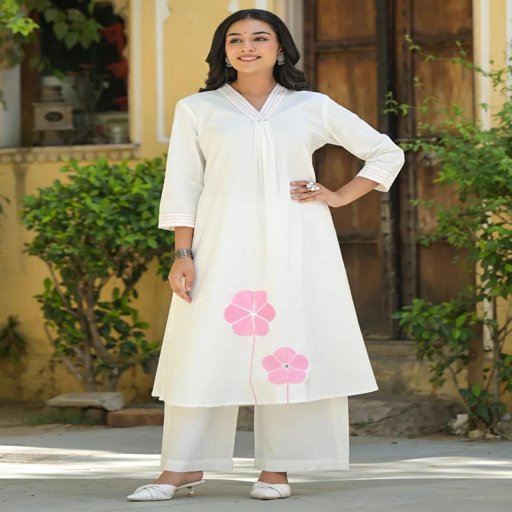 A Line Style Cotton Fabric Off White Color Kurta And Bottom