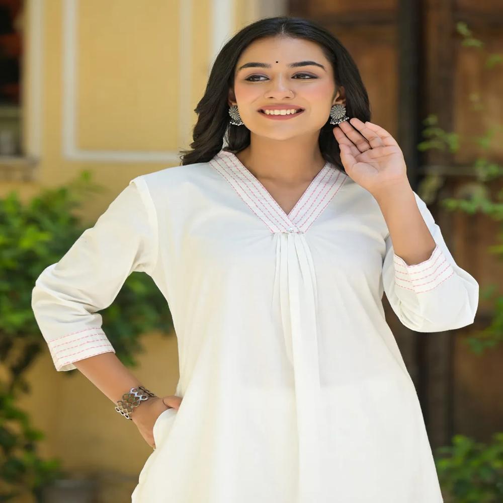 A Line Style Cotton Fabric Off White Color Kurta And Bottom