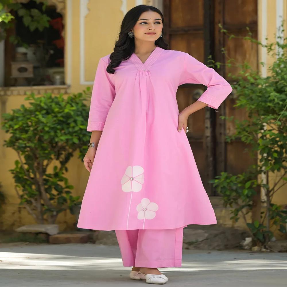 A Line Style Cotton Fabric Pink Color Kurta And Bottom